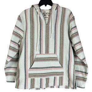 Beach Life by LA Drft Baja Hoodie Men Sz M Ivory Cotton Striped Pullover Sweater
